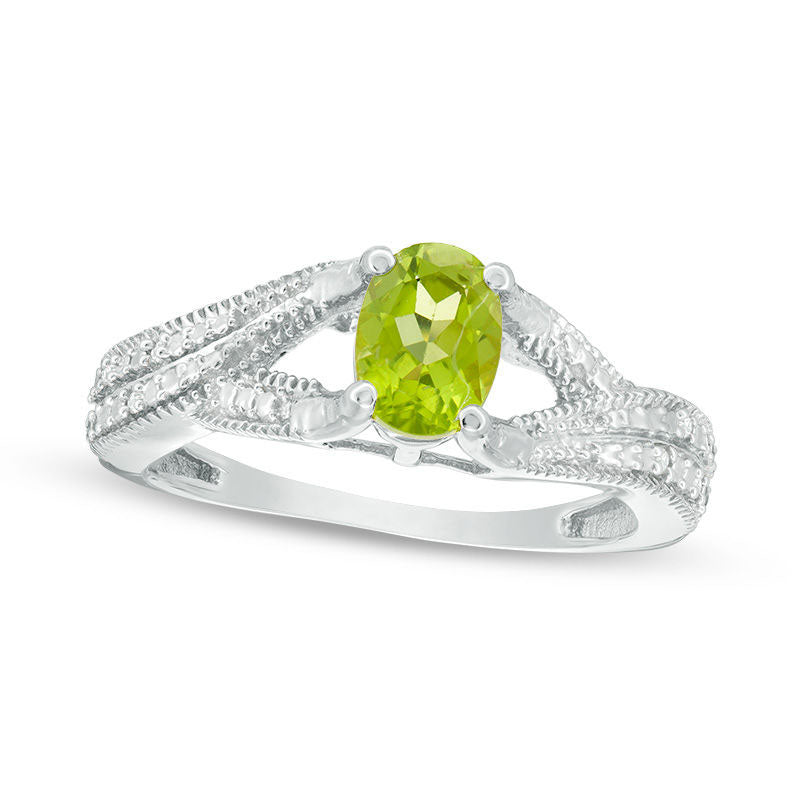 Image of ID 1 Oval Peridot and Natural Diamond Accent Antique Vintage-Style Split Shank Ring in Sterling Silver