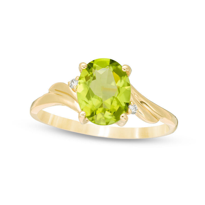 Image of ID 1 Oval Peridot and Natural Diamond Accent Bypass Swirl Shank Ring in Solid 10K Yellow Gold