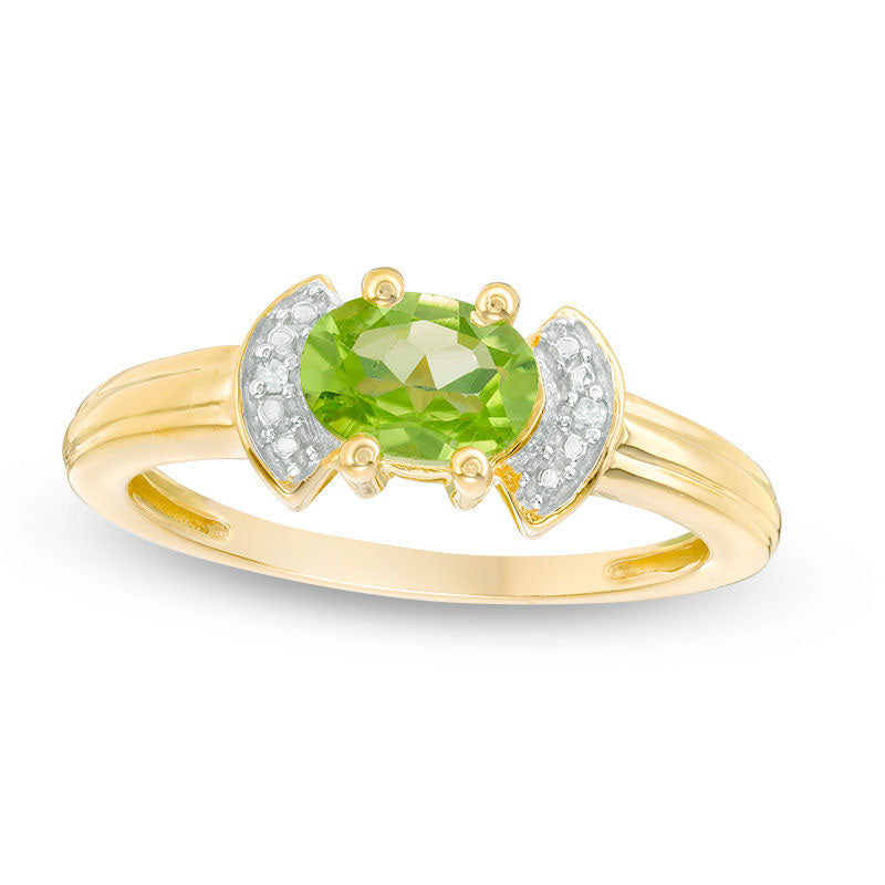 Image of ID 1 Oval Peridot and Natural Diamond Accent Collar Ring in Sterling Silver with Solid 14K Gold Plate
