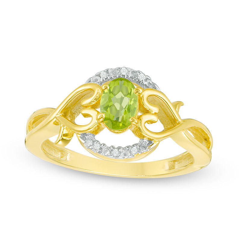 Image of ID 1 Oval Peridot and Natural Diamond Accent Frame Heart Sides Ring in Sterling Silver with Solid 14K Gold Plate
