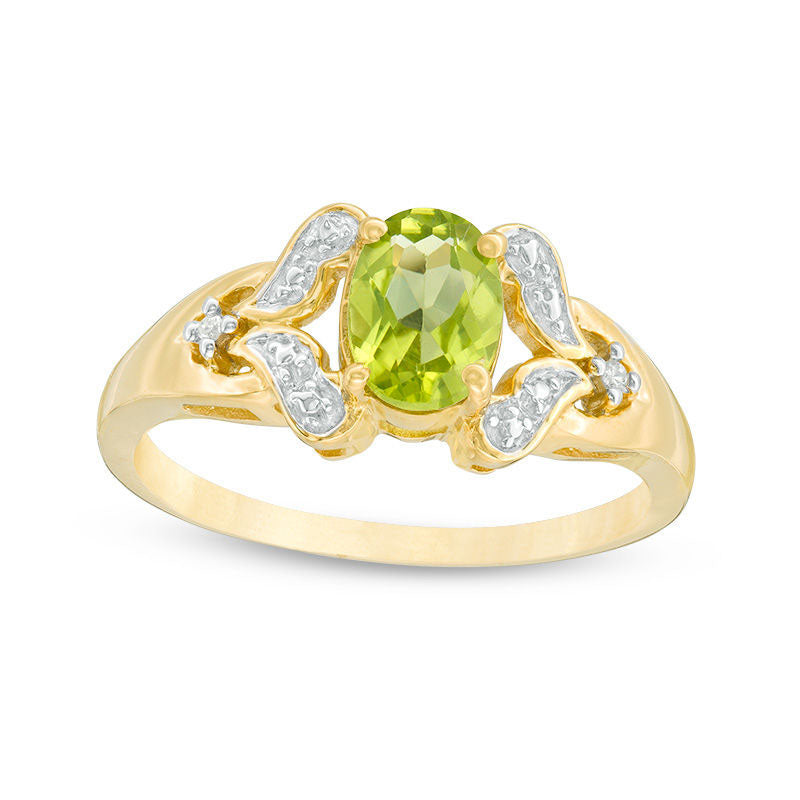 Image of ID 1 Oval Peridot and Natural Diamond Accent Heart Split Shank Ring in Sterling Silver with Solid 14K Gold Plate