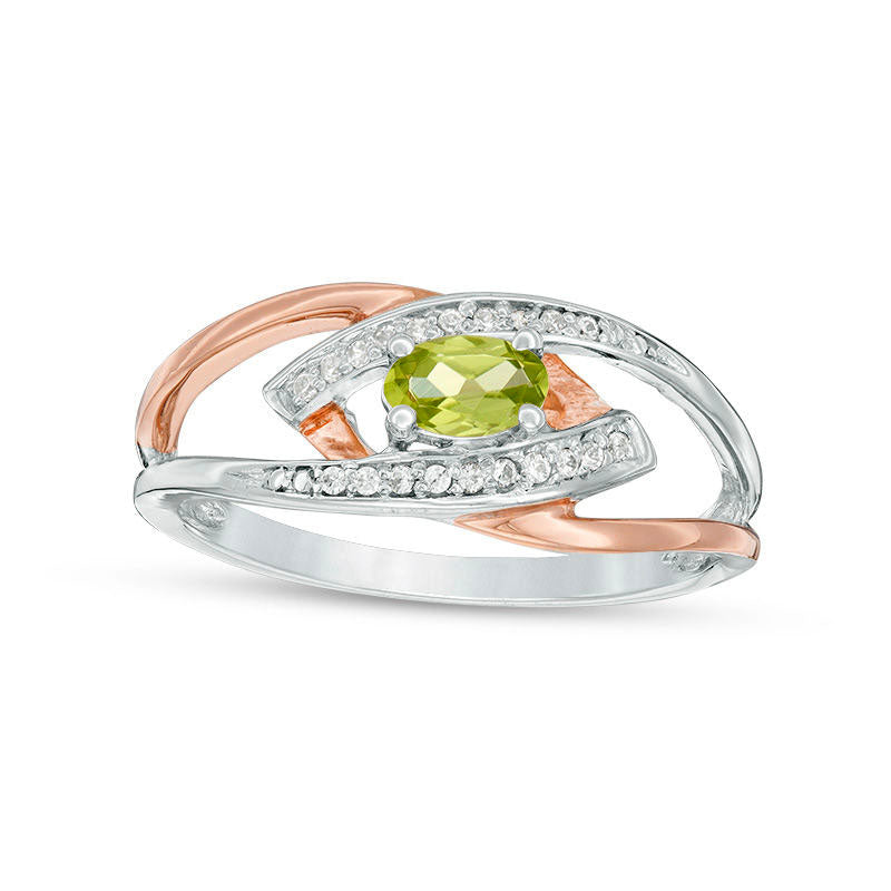 Image of ID 1 Oval Peridot and Natural Diamond Accent Split Shank Ring in Sterling Silver and Solid 10K Rose Gold
