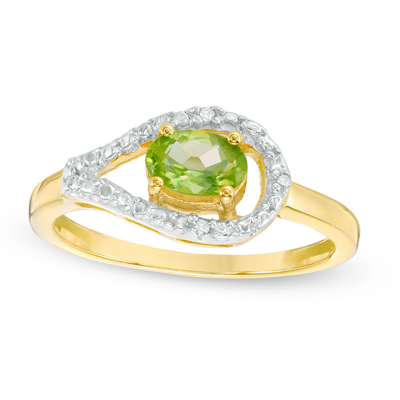 Image of ID 1 Oval Peridot and Natural Diamond Accent Teardrop Frame Ring in Sterling Silver with Solid 14K Gold Plate