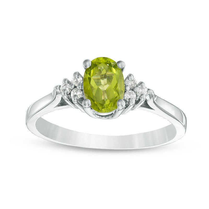 Image of ID 1 Oval Peridot and Natural Diamond Accent Tri-Sides Ring in Solid 10K White Gold