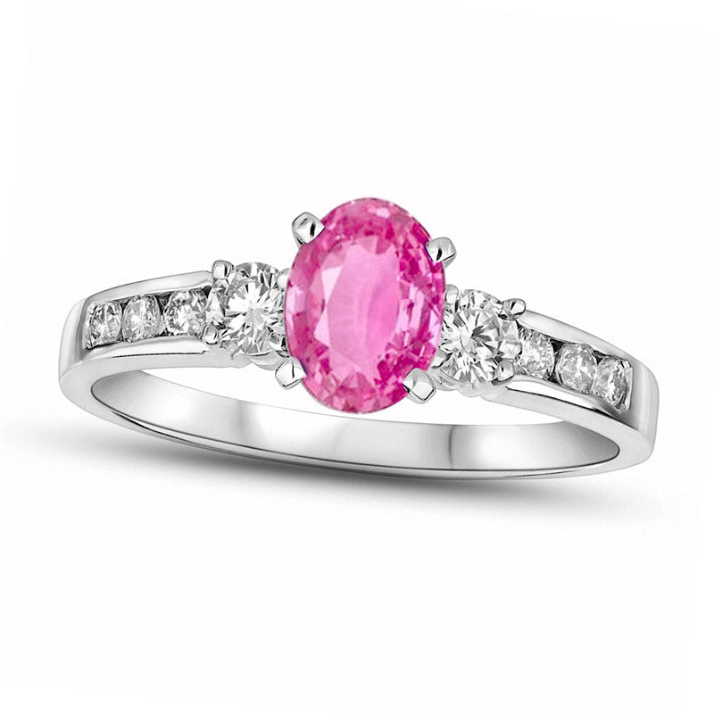 Image of ID 1 Oval Pink Sapphire and 038 CT TW Natural Diamond Engagement Ring in Solid 14K White Gold