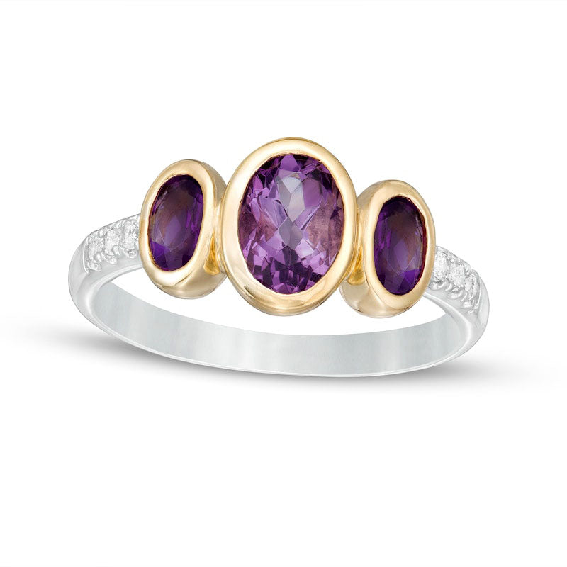 Image of ID 1 Oval Rose de France and Purple Amethyst and White Topaz Three Stone Ring in Sterling Silver and Solid 14K Gold Plate