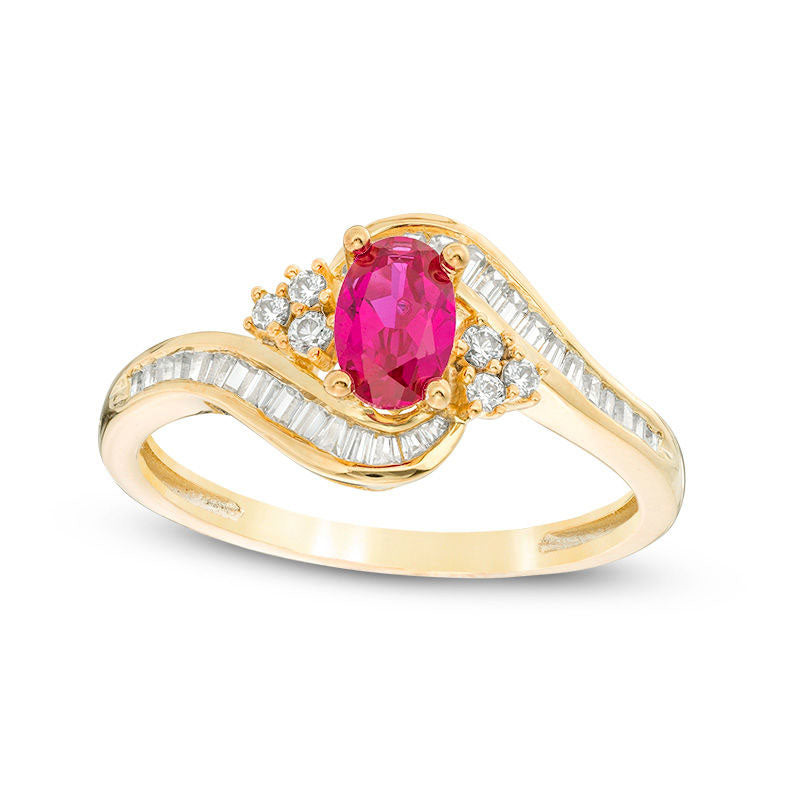 Image of ID 1 Oval Ruby and 033 CT TW Natural Diamond Tri-Sides Bypass Ring in Solid 10K Yellow Gold