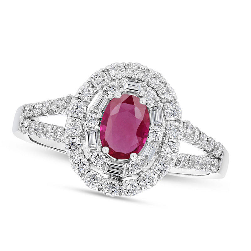 Image of ID 1 Oval Ruby and 063 CT TW Natural Diamond Double Geometric Frame Split Shank Engagement Ring in Solid 18K White Gold