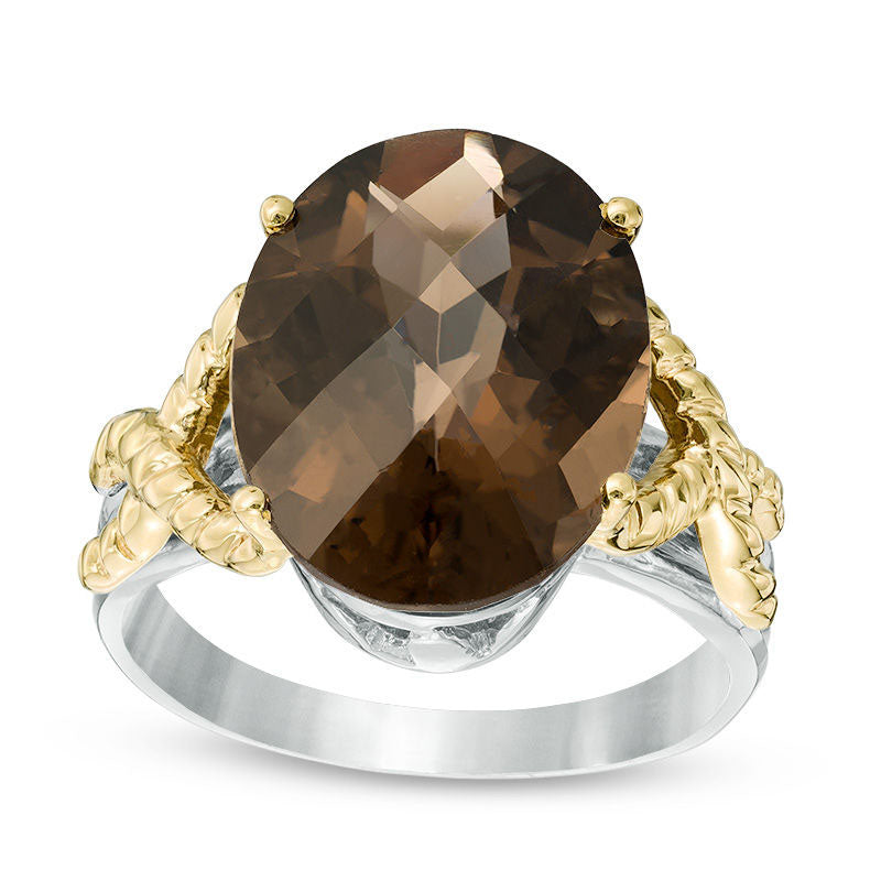 Image of ID 1 Oval Smoky Quartz Criss-Cross Rope Ring in Solid 10K Two-Tone Gold