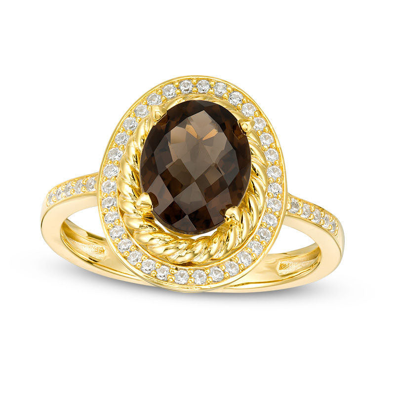 Image of ID 1 Oval Smoky Quartz and Lab-Created White Sapphire Frame Ring in Sterling Silver with Solid 14K Gold Plate