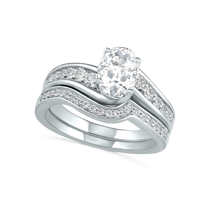 Image of ID 1 Oval White Lab-Created Sapphire Bypass Bridal Engagement Ring Set in Sterling Silver