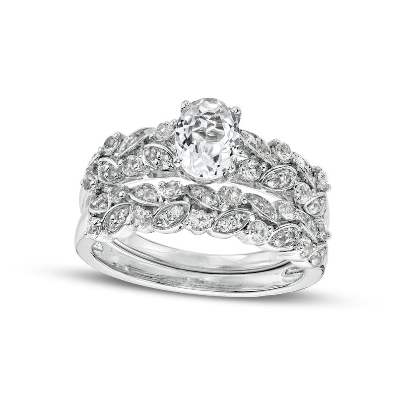 Image of ID 1 Oval White Lab-Created Sapphire Double Row Leaf Shank Bridal Engagement Ring Set in Sterling Silver