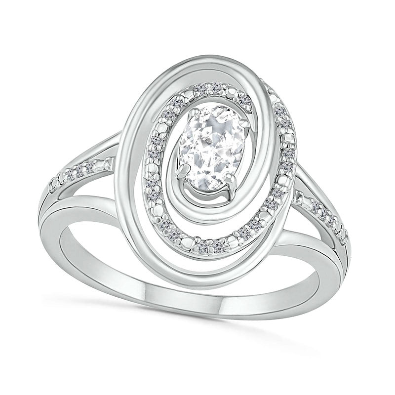 Image of ID 1 Oval White Lab-Created Sapphire and 007 CT TW Diamond Swirl Frame Triple Row Split Shank Ring in Sterling Silver