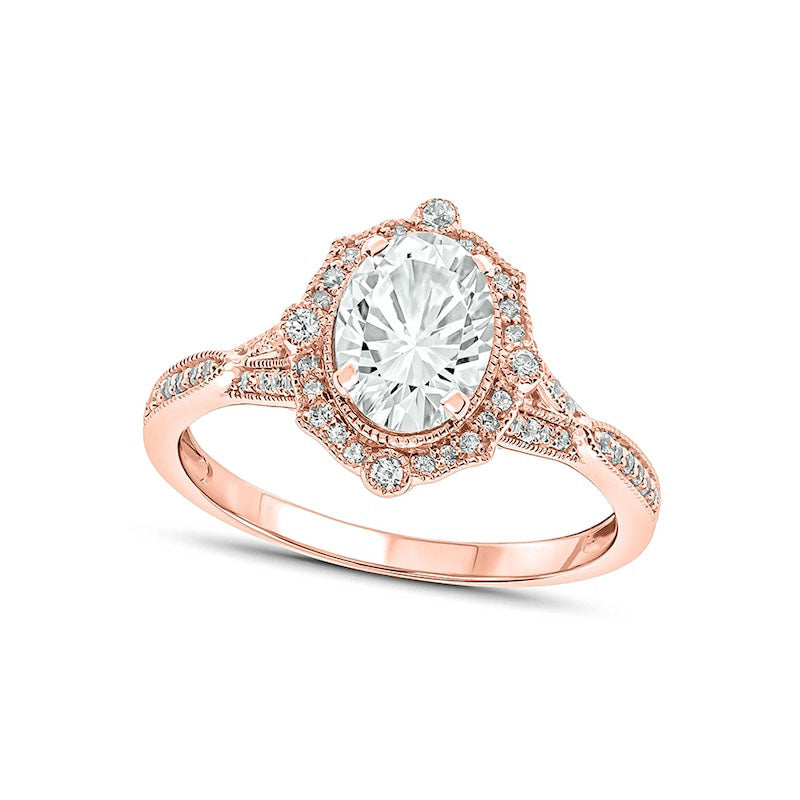 Image of ID 1 Oval White Lab-Created Sapphire and 020 CT TW Diamond Quatrefoil Frame Art Deco Antique Vintage-Style Ring in Solid 10K Rose Gold