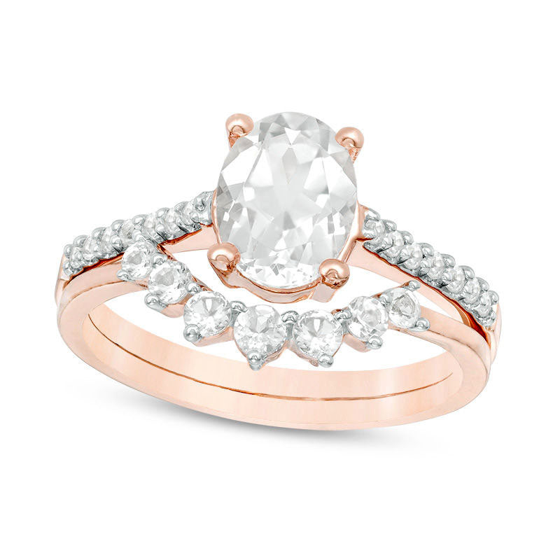 Image of ID 1 Oval White Topaz Bridal Engagement Ring Set in Solid 10K Rose Gold