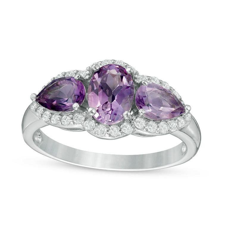 Image of ID 1 Oval and Pear-Shaped Amethyst and White Topaz Frame Three Stone Ring in Sterling Silver