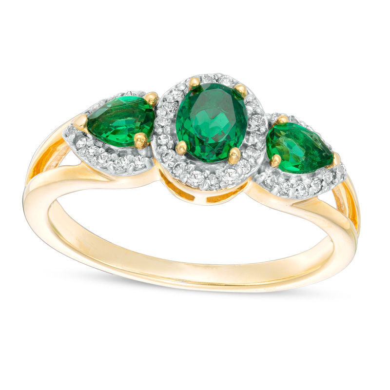 Image of ID 1 Oval and Pear-Shaped Lab-Created Emerald and 013 CT TW Diamond Frame Three Stone Ring in Solid 10K Yellow Gold