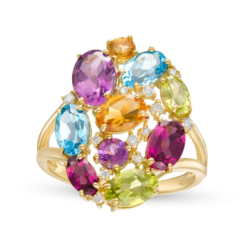 Image of ID 1 Oval and Round Multi-Gemstone and 010 CT TW Natural Diamond Cluster Split Shank Ring in Solid 10K Yellow Gold