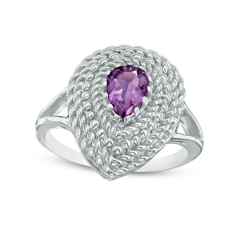 Image of ID 1 Pear-Shaped Amethyst Rope-Textured Frame Ring in Sterling Silver