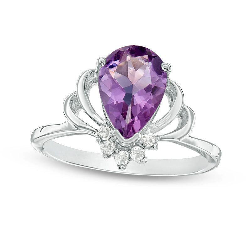 Image of ID 1 Pear-Shaped Amethyst and 007 CT TW Natural Diamond Crown Ring in Sterling Silver