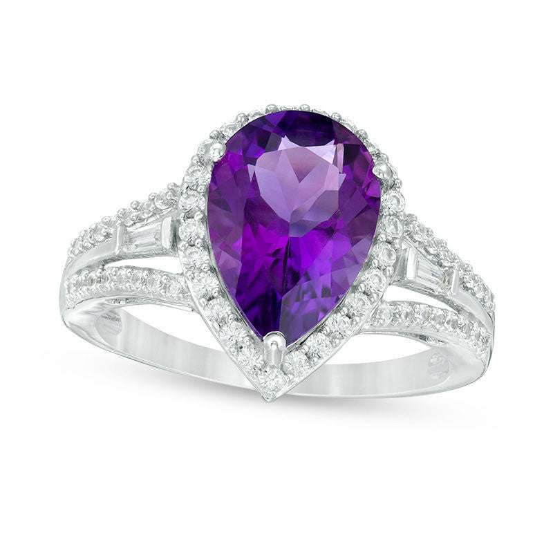 Image of ID 1 Pear-Shaped Amethyst and Lab-Created White Sapphire Frame Triple Row Split Shank Ring in Sterling Silver