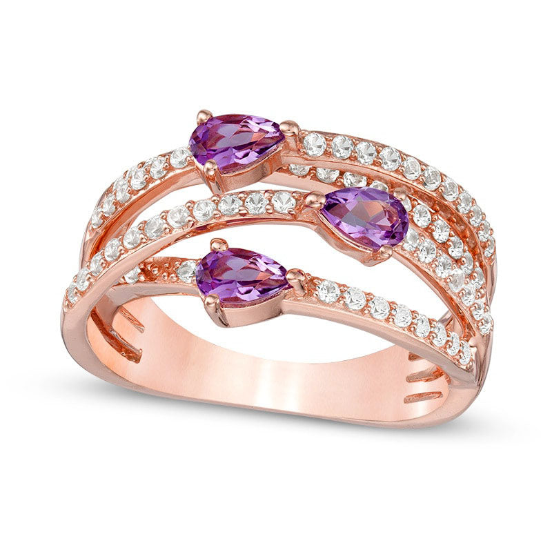 Image of ID 1 Pear-Shaped Amethyst and Lab-Created White Sapphire Three Stone Orbit Ring in Sterling Silver and Solid 14K Rose Gold Plate
