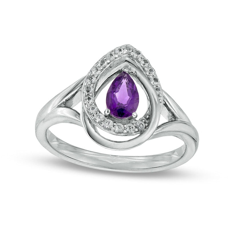 Image of ID 1 Pear-Shaped Amethyst and White Lab-Created Sapphire Double Interlocking Teardrop Split Shank Ring in Sterling Silver