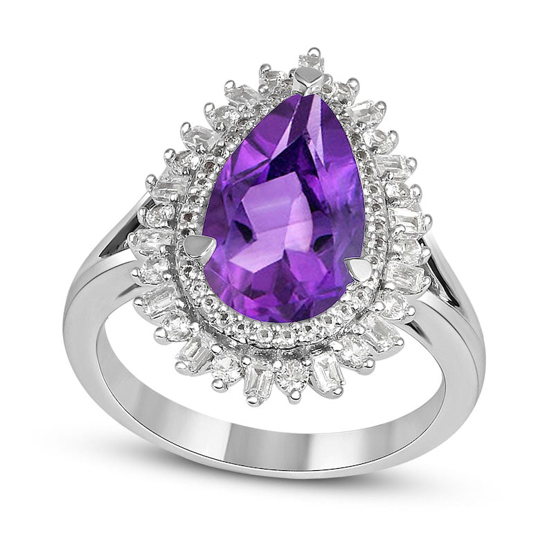 Image of ID 1 Pear-Shaped Amethyst and White Lab-Created Sapphire Double Shadow Frame Split Shank Ring in Sterling Silver