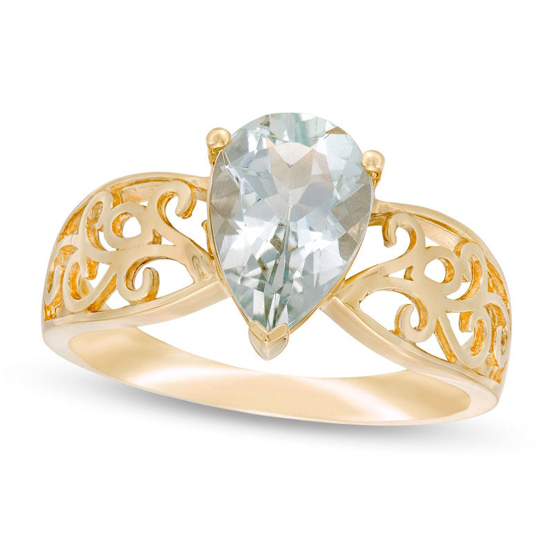 Image of ID 1 Pear-Shaped Aquamarine Wide Filigree Ring in Solid 10K Yellow Gold