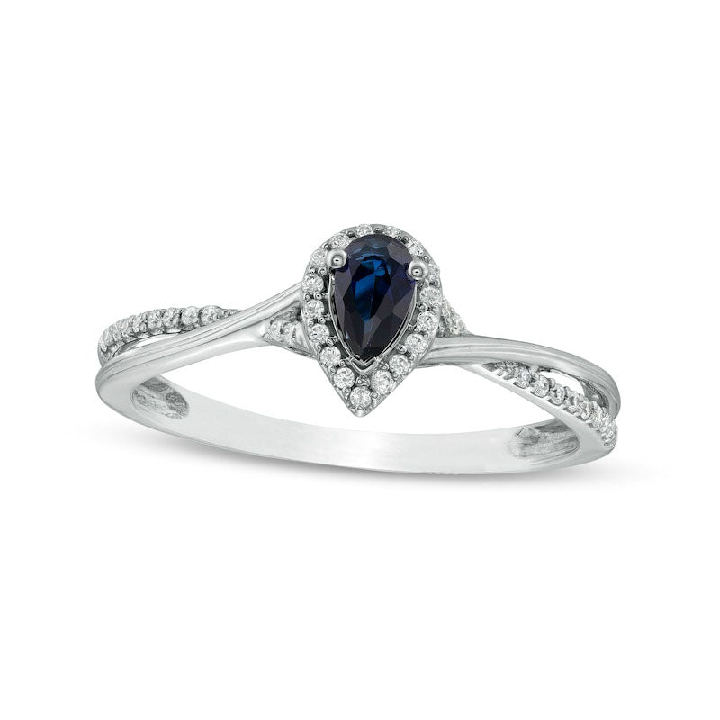 Image of ID 1 Pear-Shaped Blue Lab-Created Sapphire and 010 CT TW Diamond Frame Bypass Shank Engagement Ring in Sterling Silver