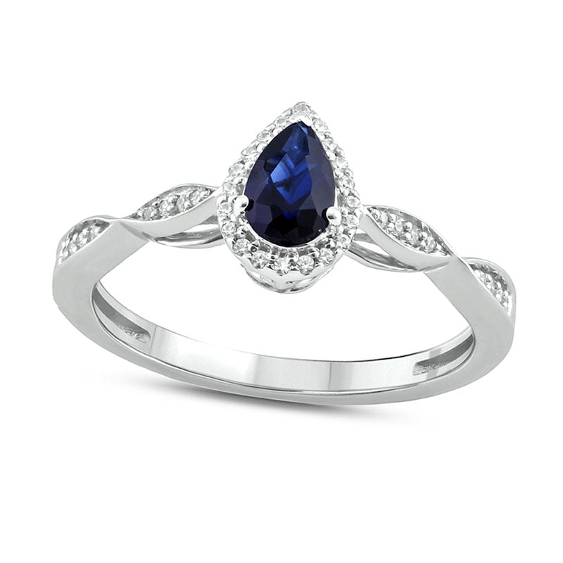 Image of ID 1 Pear-Shaped Blue Lab-Created Sapphire and 010 CT TW Diamond Frame Twist Shank Engagement Ring in Sterling Silver