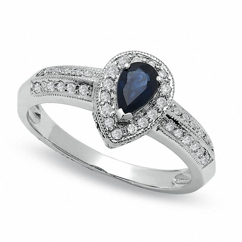 Image of ID 1 Pear-Shaped Blue Sapphire Antique Vintage-Style Engagement Ring in Solid 10K White Gold with Natural Diamond Accents