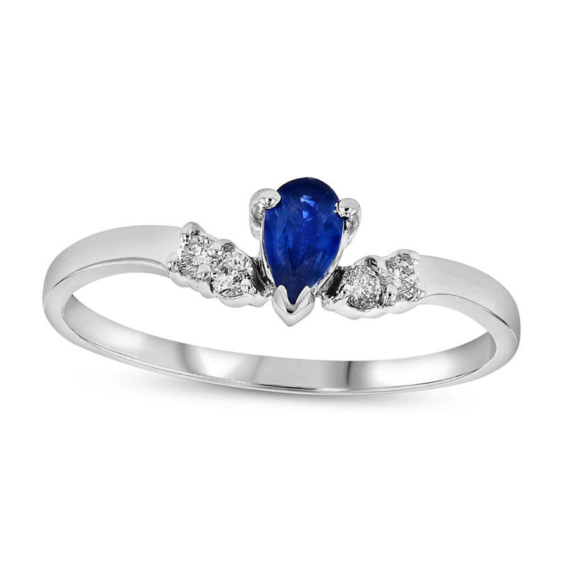 Image of ID 1 Pear-Shaped Blue Sapphire and 007 CT TW Natural Diamond Chevron Ring in Solid 14K White Gold