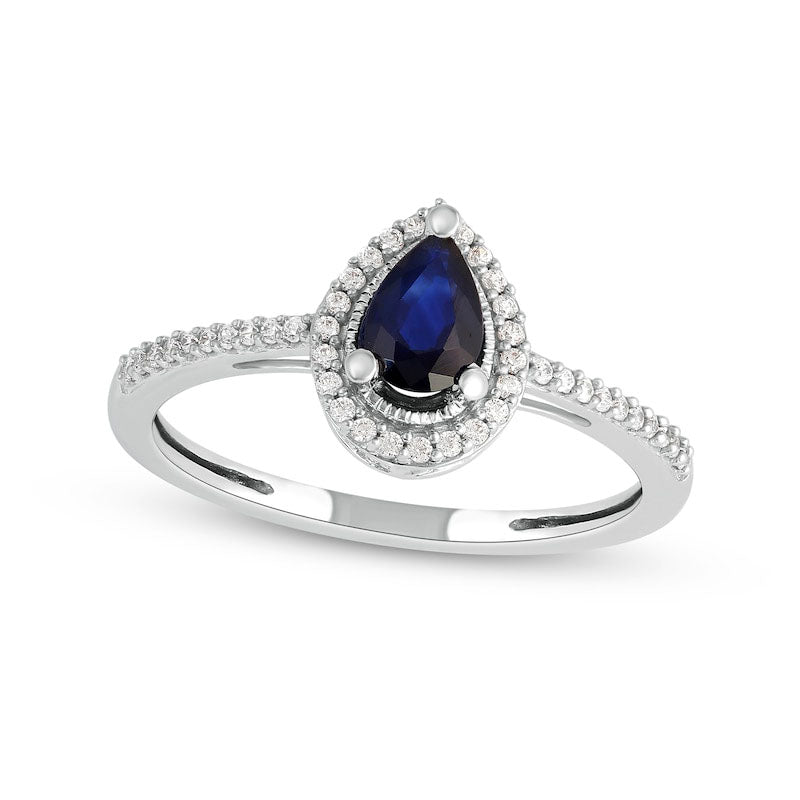 Image of ID 1 Pear-Shaped Blue Sapphire and 010 CT TW Natural Diamond Frame Antique Vintage-Style Ring in Solid 10K White Gold