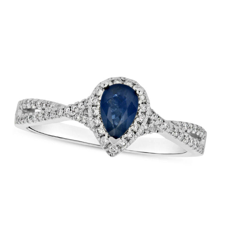 Image of ID 1 Pear-Shaped Blue Sapphire and 020 CT TW Natural Diamond Frame Crossover Engagement Ring in Solid 18K White Gold