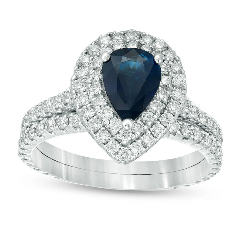 Image of ID 1 Pear-Shaped Blue Sapphire and 10 CT TW Natural Diamond Double Frame Bridal Engagement Ring Set in Solid 14K White Gold