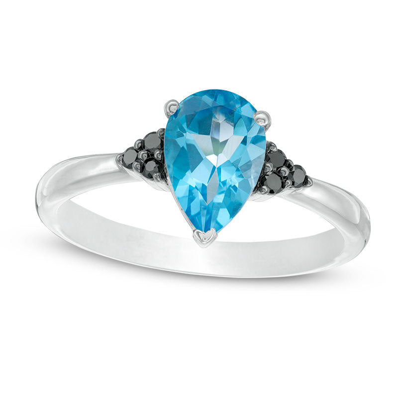Image of ID 1 Pear-Shaped Blue Topaz and 007 CT TW Enhanced Black Natural Diamond Tri-Sides Ring in Sterling Silver