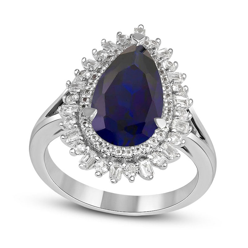 Image of ID 1 Pear-Shaped Blue and White Lab-Created Sapphire Double Shadow Frame Split Shank Ring in Sterling Silver