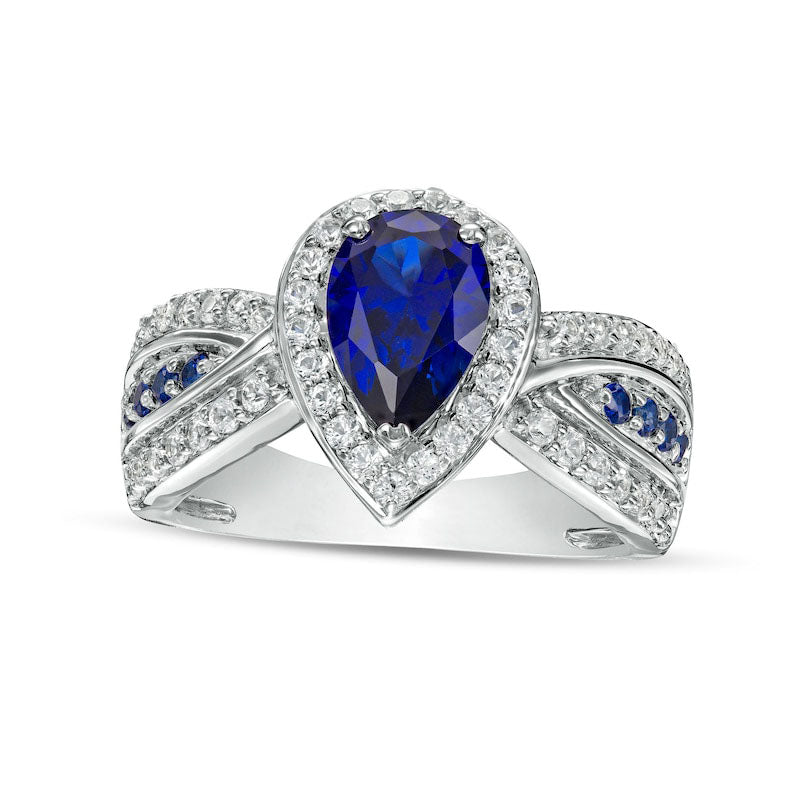 Image of ID 1 Pear-Shaped Blue and White Lab-Created Sapphire Frame Ring in Sterling Silver
