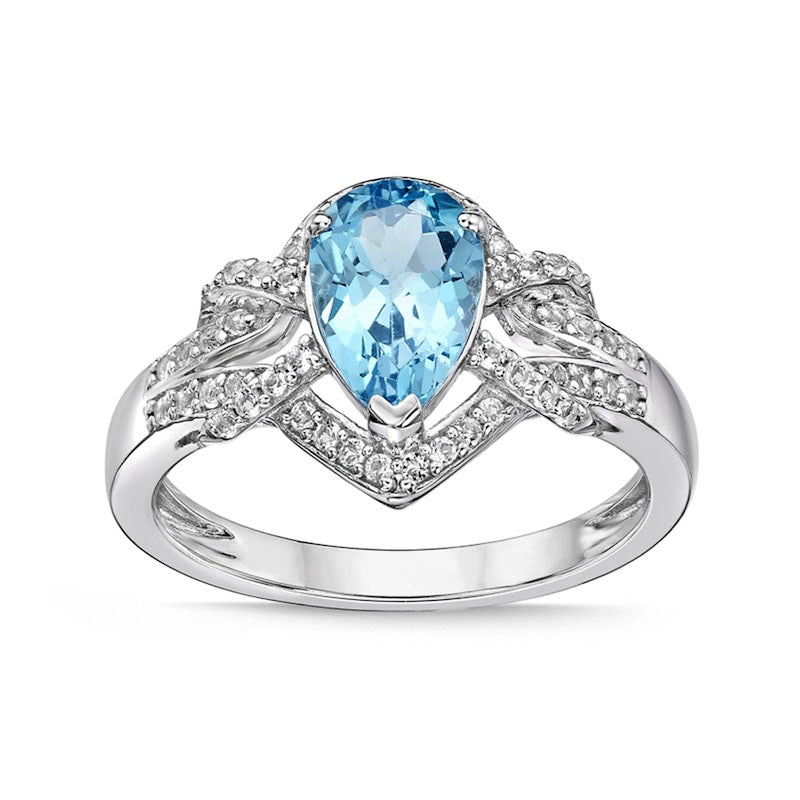 Image of ID 1 Pear-Shaped Blue and White Topaz Frame Buckle Split Shank Ring in Sterling Silver