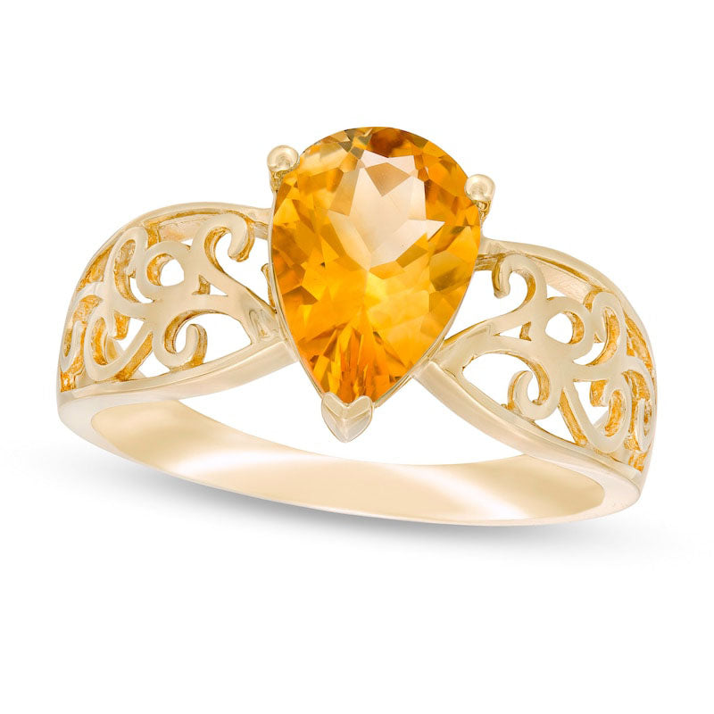 Image of ID 1 Pear-Shaped Citrine Wide Filigree Ring in Solid 10K Yellow Gold