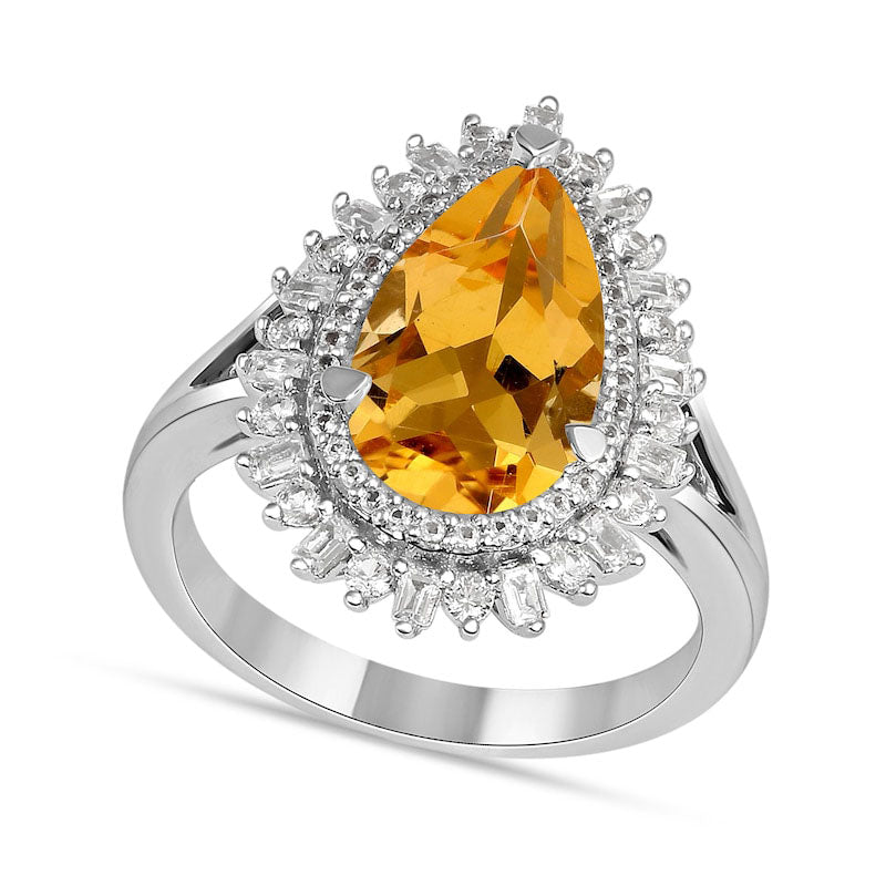 Image of ID 1 Pear-Shaped Citrine and White Lab-Created Sapphire Double Shadow Frame Split Shank Ring in Sterling Silver
