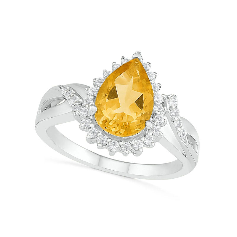 Image of ID 1 Pear-Shaped Citrine and White Lab-Created Sapphire Starburst Frame Twist Split Shank Ring in Sterling Silver