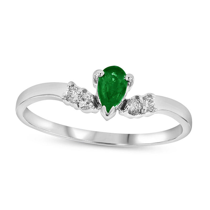 Image of ID 1 Pear-Shaped Emerald and 007 CT TW Natural Diamond Chevron Ring in Solid 14K White Gold