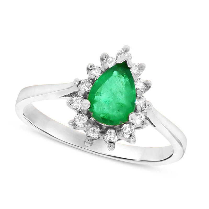 Image of ID 1 Pear-Shaped Emerald and 020 CT TW Natural Diamond Starburst Frame Ring in Solid 14K White Gold