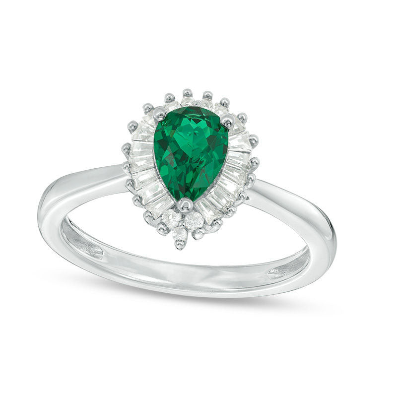 Image of ID 1 Pear-Shaped Emerald and 020 CT TW Natural Diamond Sunburst Frame Ring in Sterling Silver