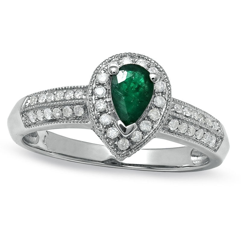 Image of ID 1 Pear-Shaped Emerald and 025 CT TW Natural Diamond Antique Vintage-Style Ring in Solid 10K White Gold