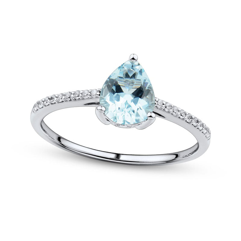Image of ID 1 Pear-Shaped Faceted Aquamarine and 005 CT TW Natural Diamond Ring in Solid 10K White Gold - Size 7