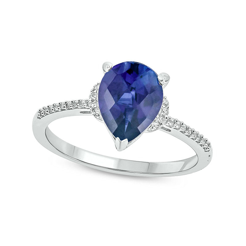 Image of ID 1 Pear-Shaped Lab-Created Blue Sapphire and 007 CT TW Diamond Collar Ring in Sterling Silver