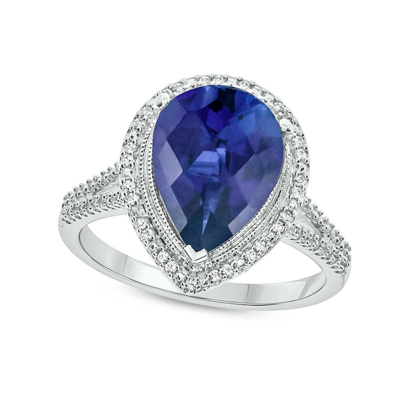 Image of ID 1 Pear-Shaped Lab-Created Blue Sapphire and 020 CT TW Diamond Frame Antique Vintage-Style Split Shank Ring in Sterling Silver